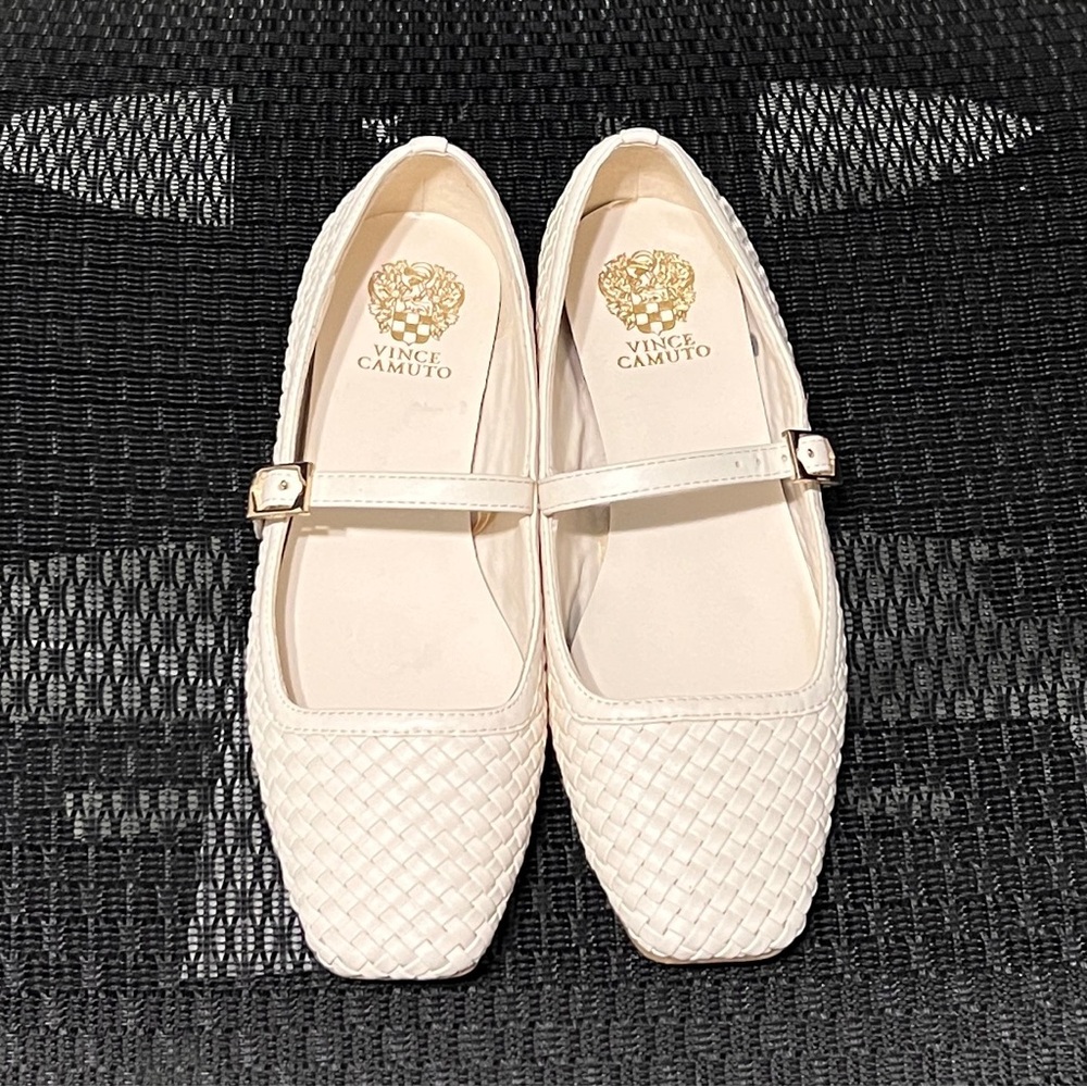 Vince Camuto cream/white woven embroidered mary jane ballet flats square toe
